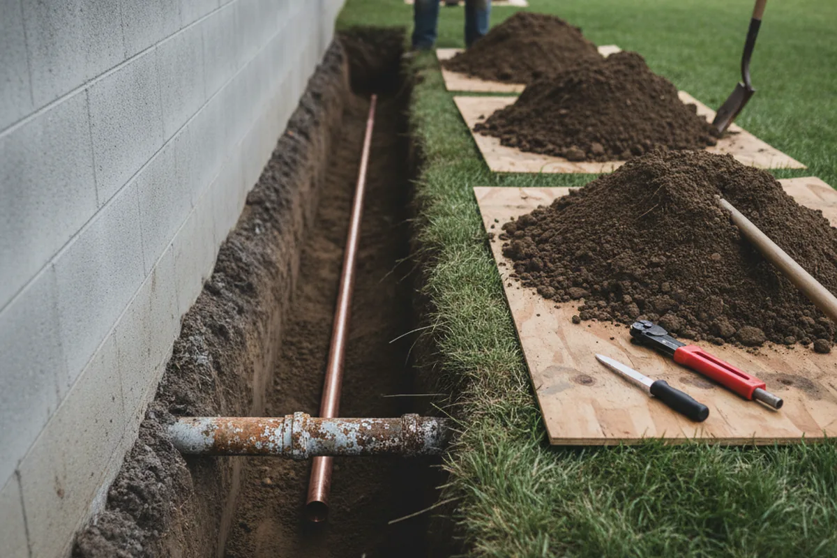 Excavated water line trench during Sewer Line Repair in Wellford
